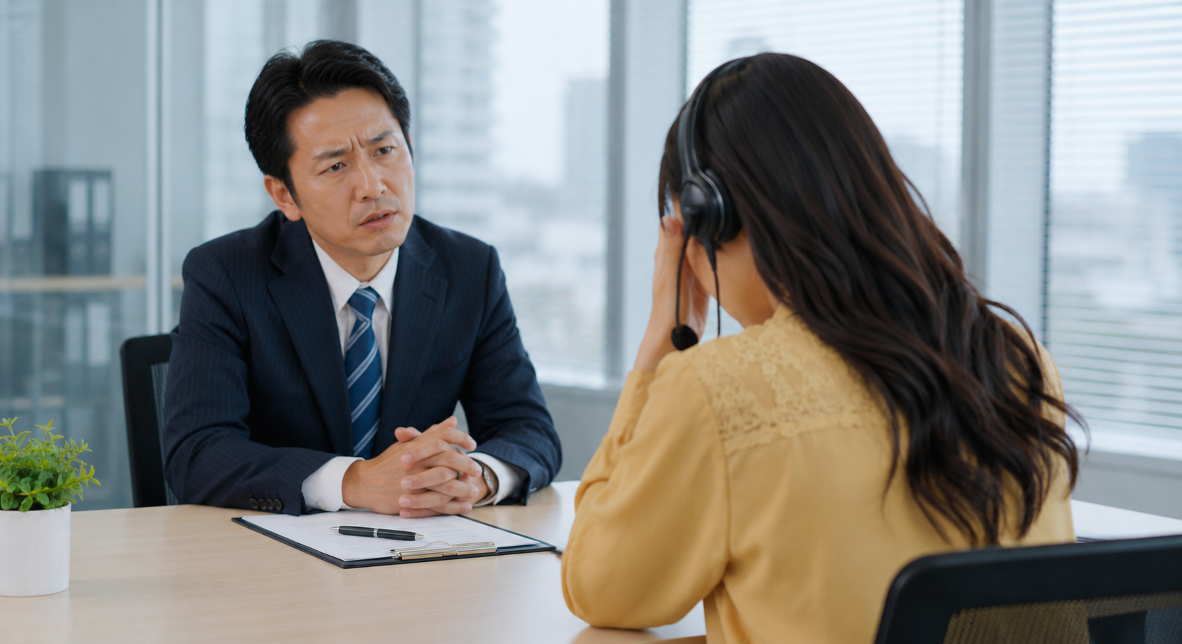 ヘッドセットのスタッフが、上司と深刻な面談をしている様子